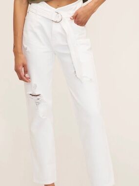 Marrisa Webb High-Rise White Distressed Straight-Leg Jeans with D-Ring Belt